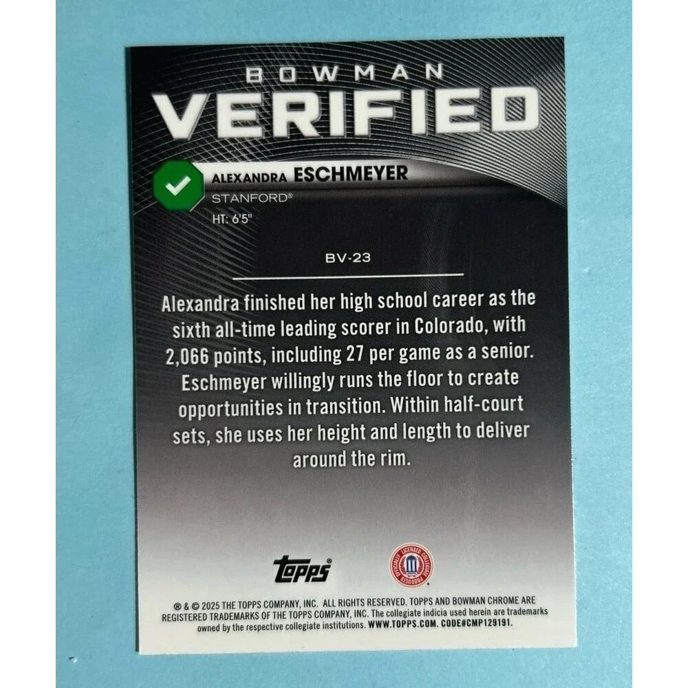 Alexandra Eschmeyer,Stanford 2025-26 Bowman VERIFIED Chrome card #BV-23 - Picture 2 of 3